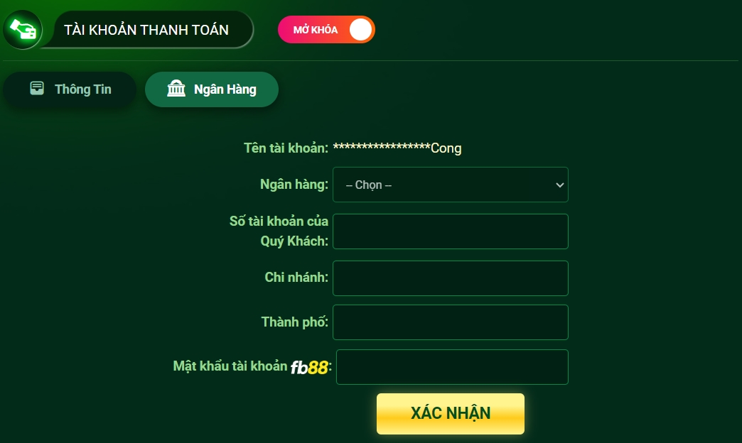 cập nhật thông tin ngân hàng cho tài khoàn fb88